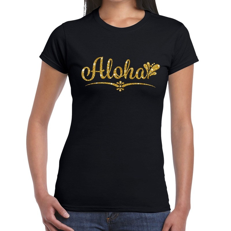 Aloha gouden glitter hawaii t-shirt zwart dames