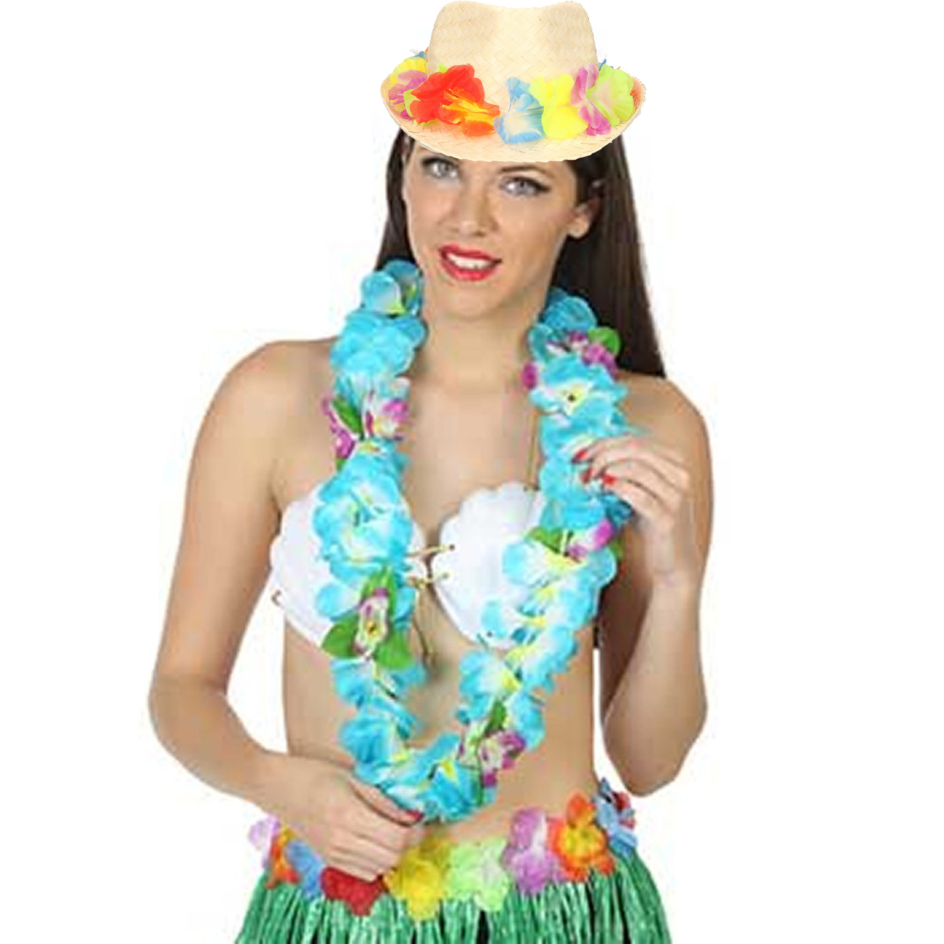 Carnaval verkleed set - Tropische Hawaii party - bloemen band strohoedje - en bloemenkrans blauw