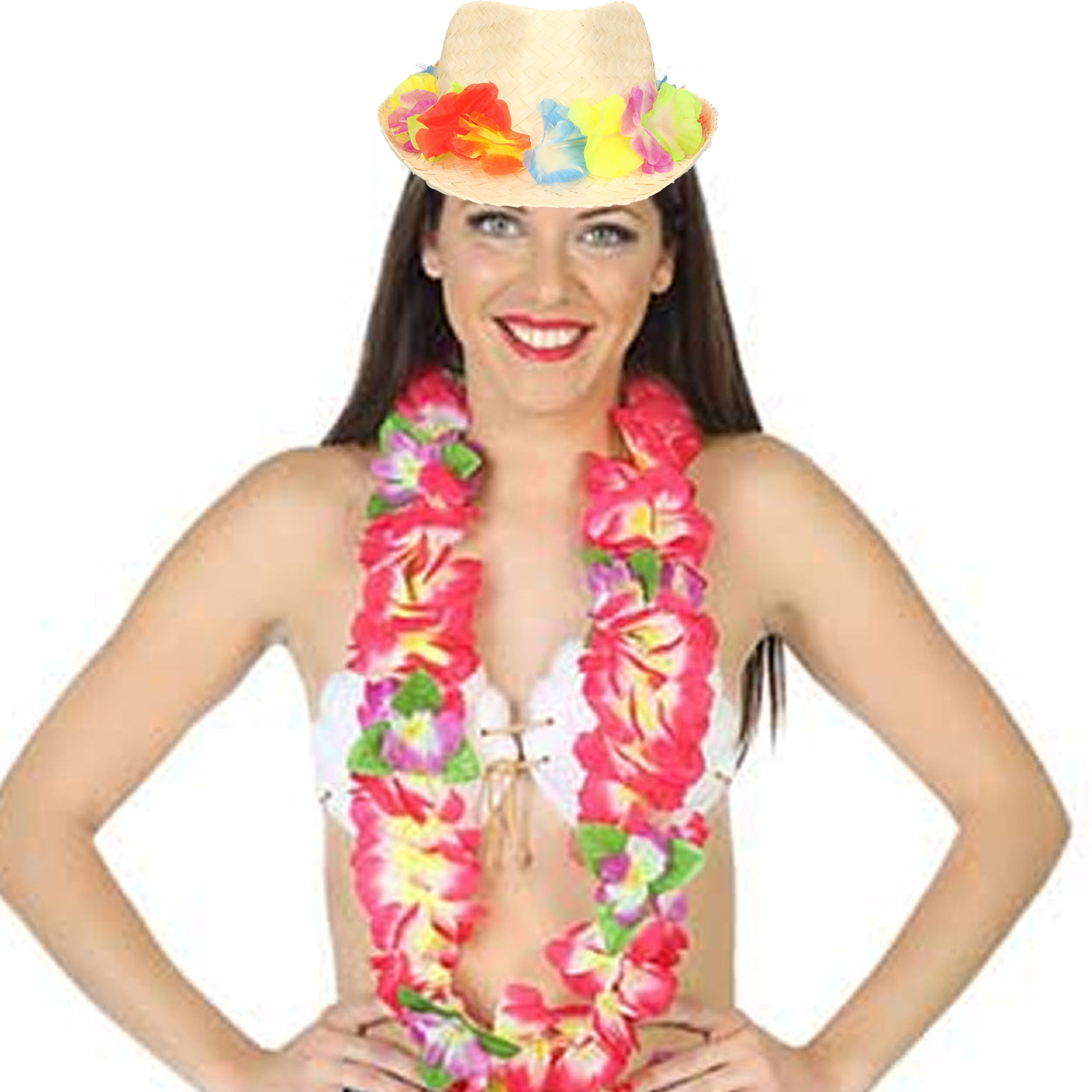 Carnaval verkleed set - Tropische Hawaii party - bloemen band strohoedje - en bloemenkrans roze