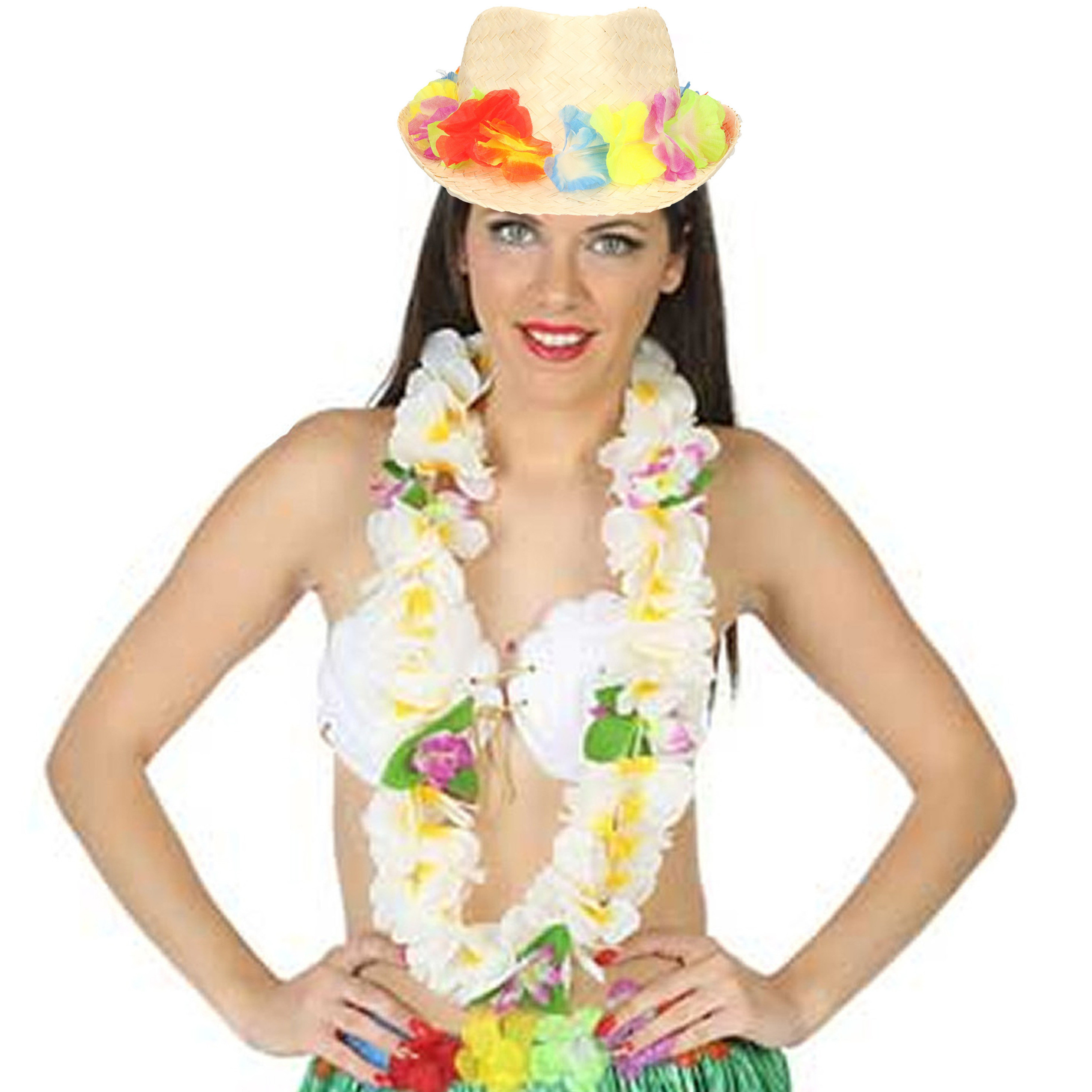 Carnaval verkleed set - Tropische Hawaii party - bloemen band strohoedje - en bloemenkrans wit