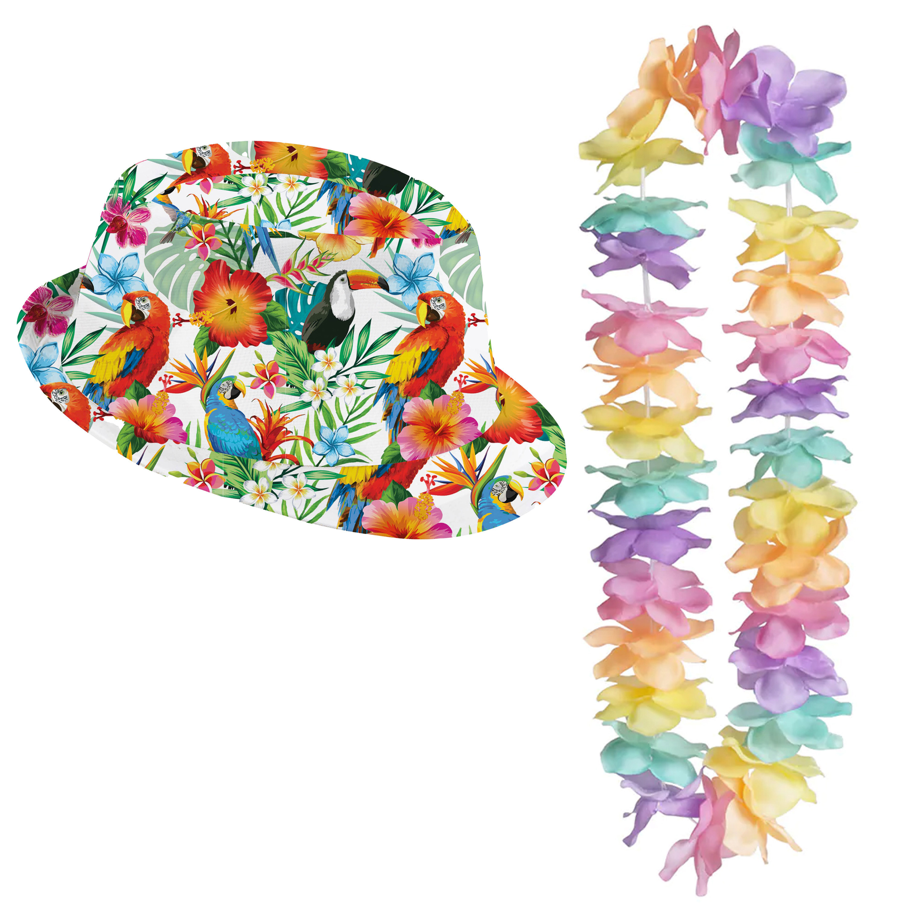 Carnaval verkleed set - Tropische Hawaii party - hoed met bloemenslinger - volwassenen