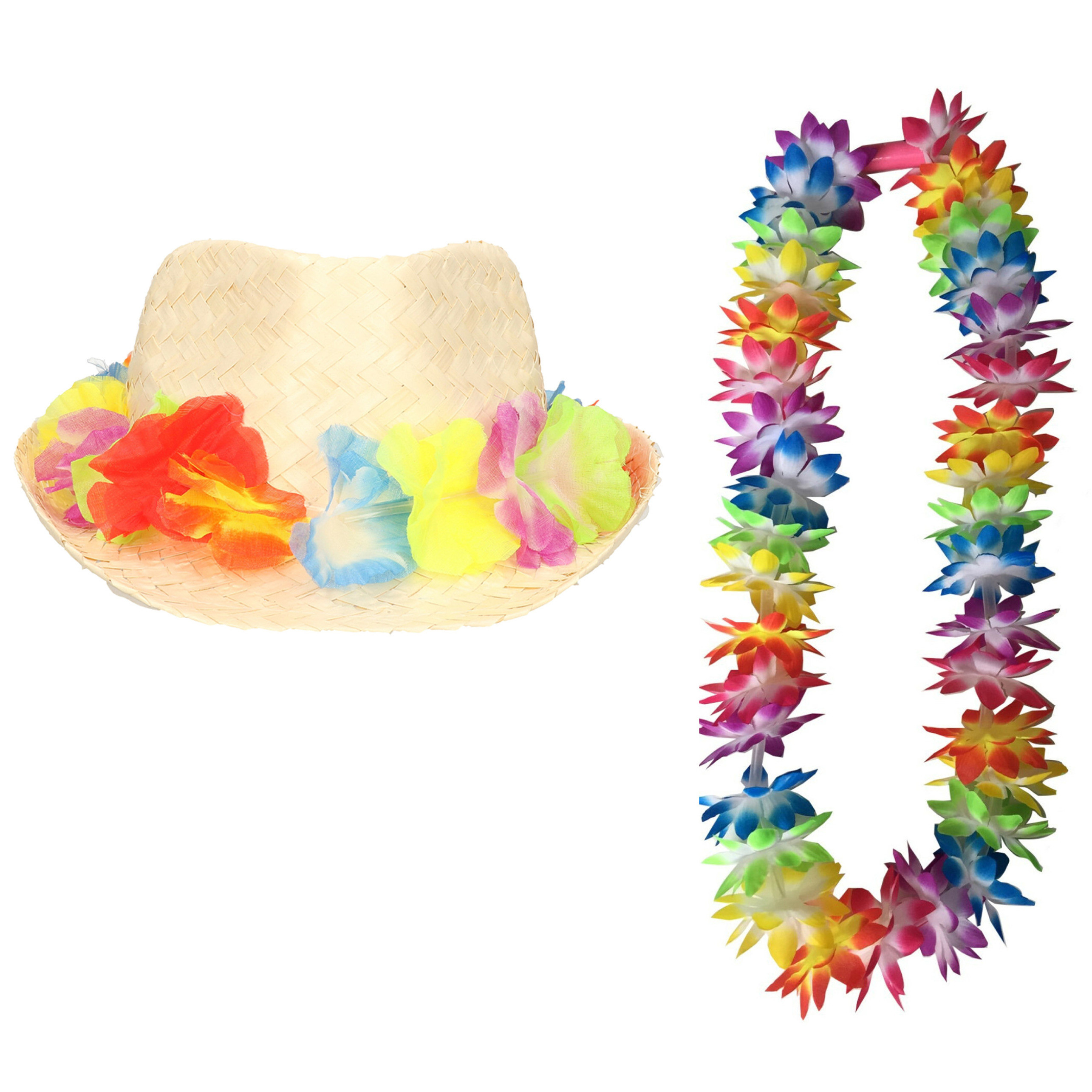 Carnaval verkleed set - Tropische Hawaii party - hoedje met LED lichtjes bloemenkrans - volwassenen