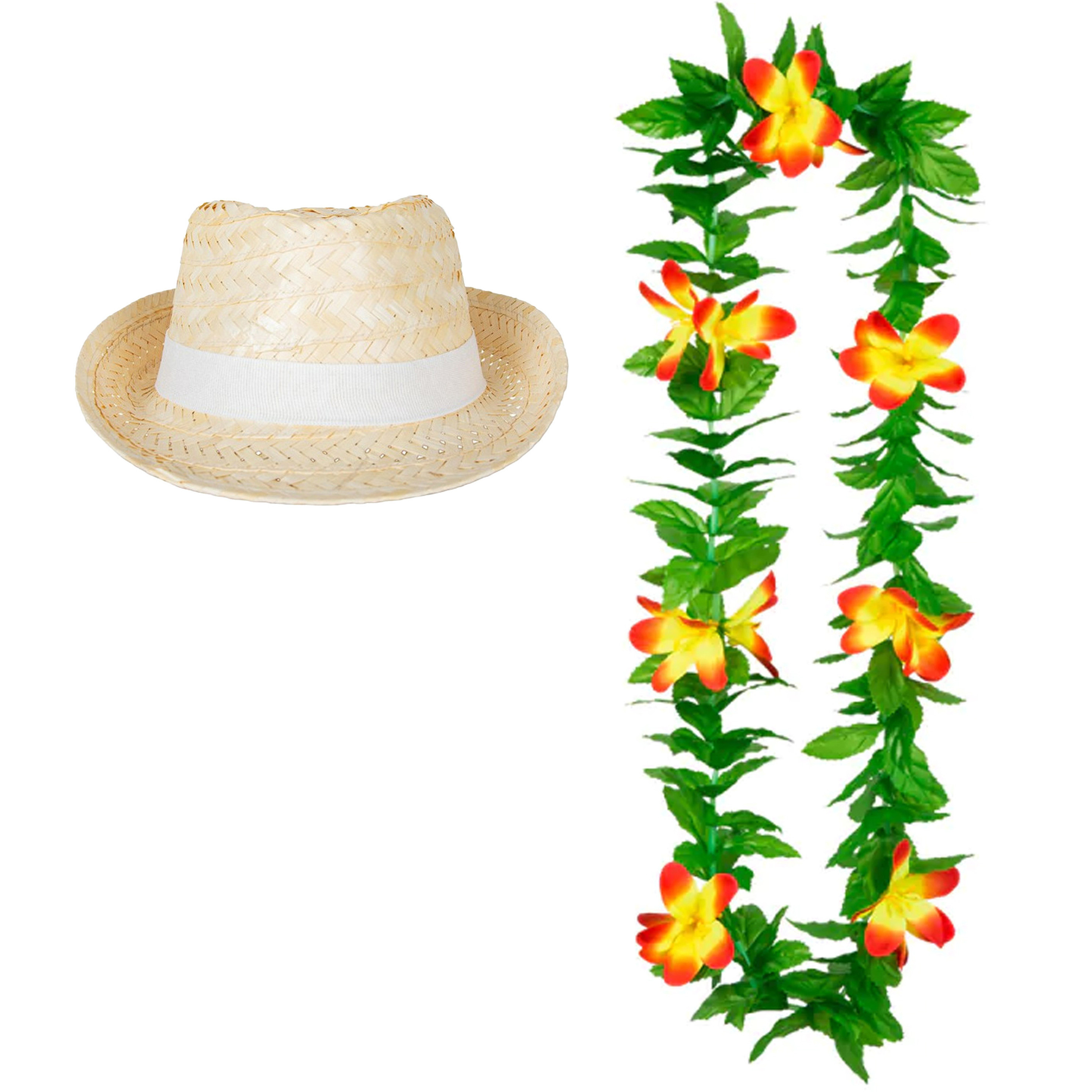 Carnaval verkleed set - Tropische Hawaii party - Ibiza strohoedje - en bloemenkrans groen/geel