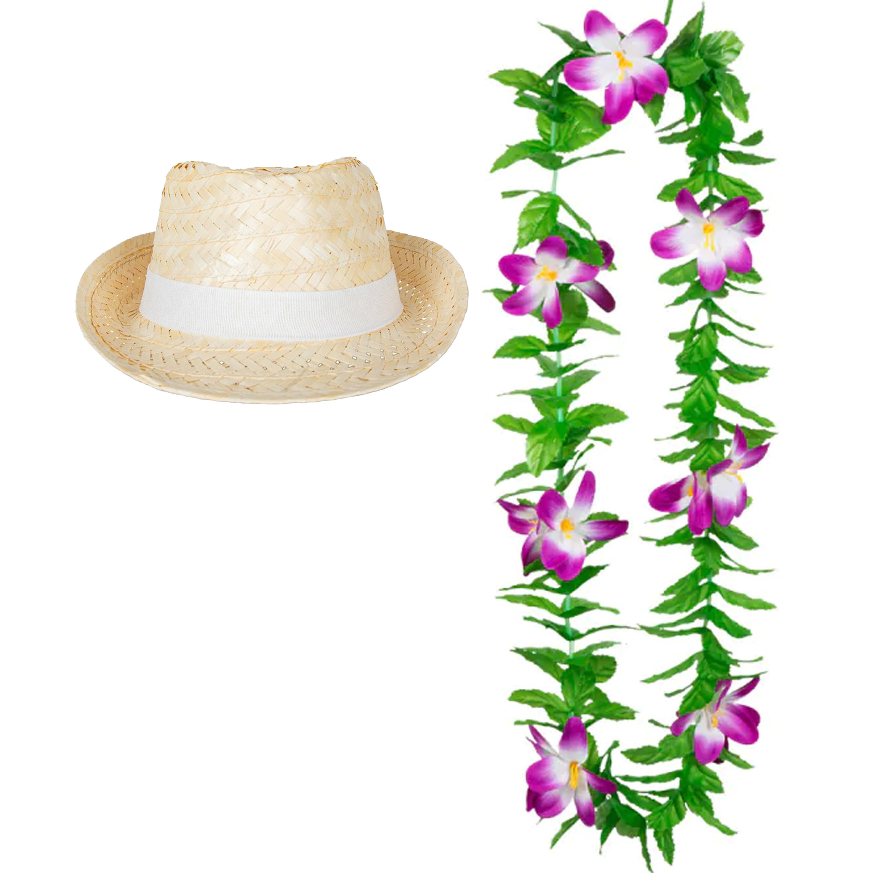 Carnaval verkleed set - Tropische Hawaii party - Ibiza strohoedje - en bloemenkrans groen/paars