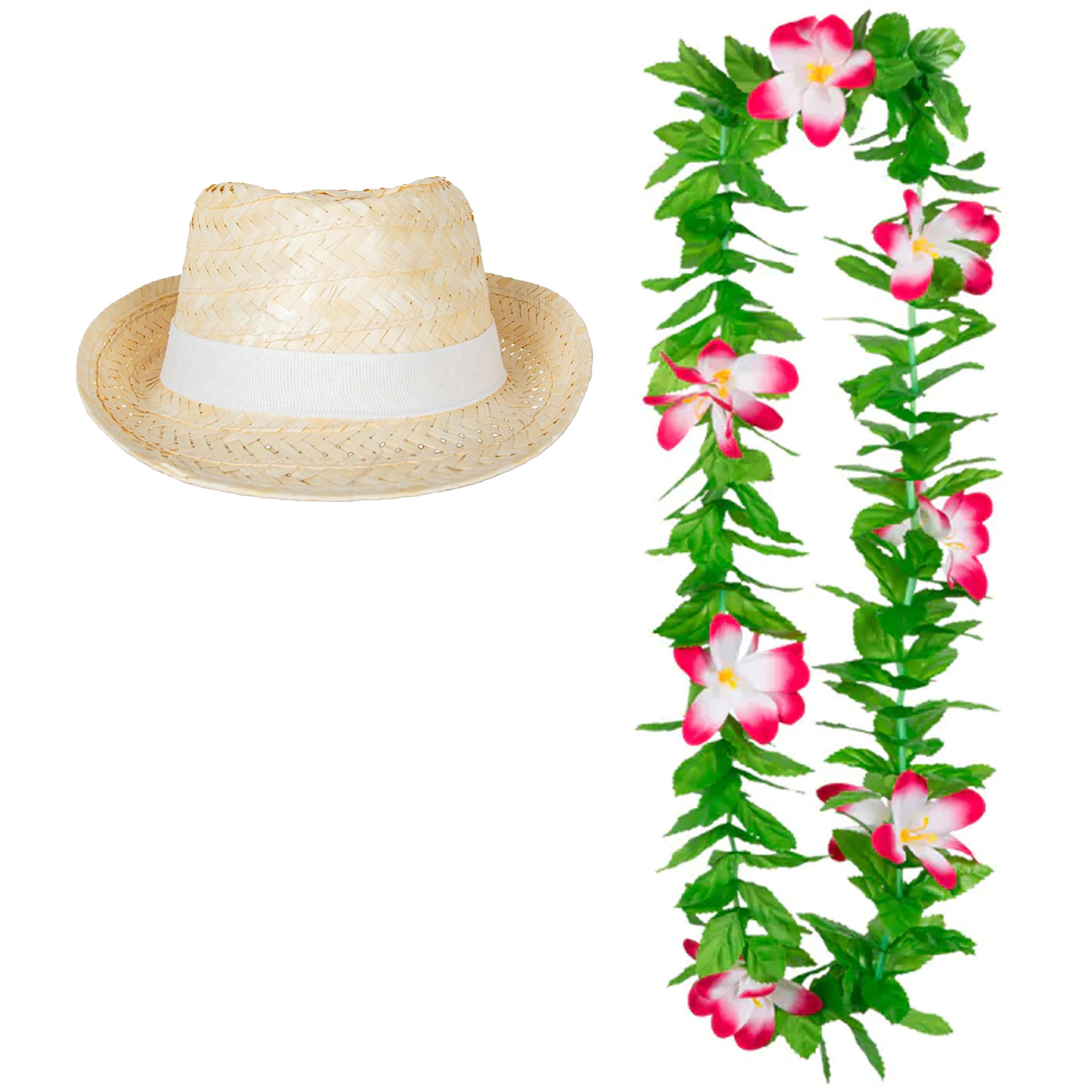 Carnaval verkleed set - Tropische Hawaii party - Ibiza strohoedje - en bloemenkrans groen/roze