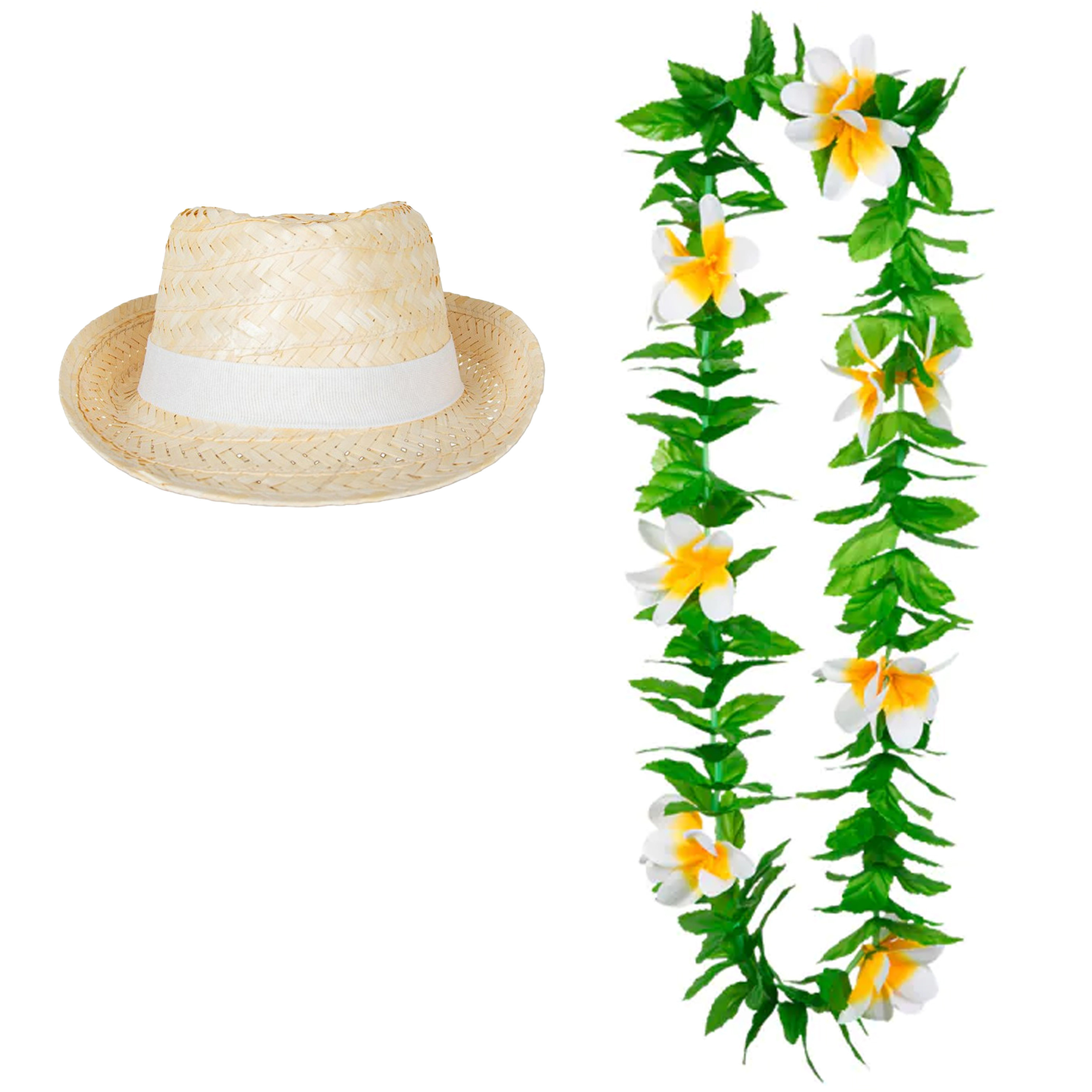 Carnaval verkleed set - Tropische Hawaii party - Ibiza strohoedje - en bloemenkrans groen/wit