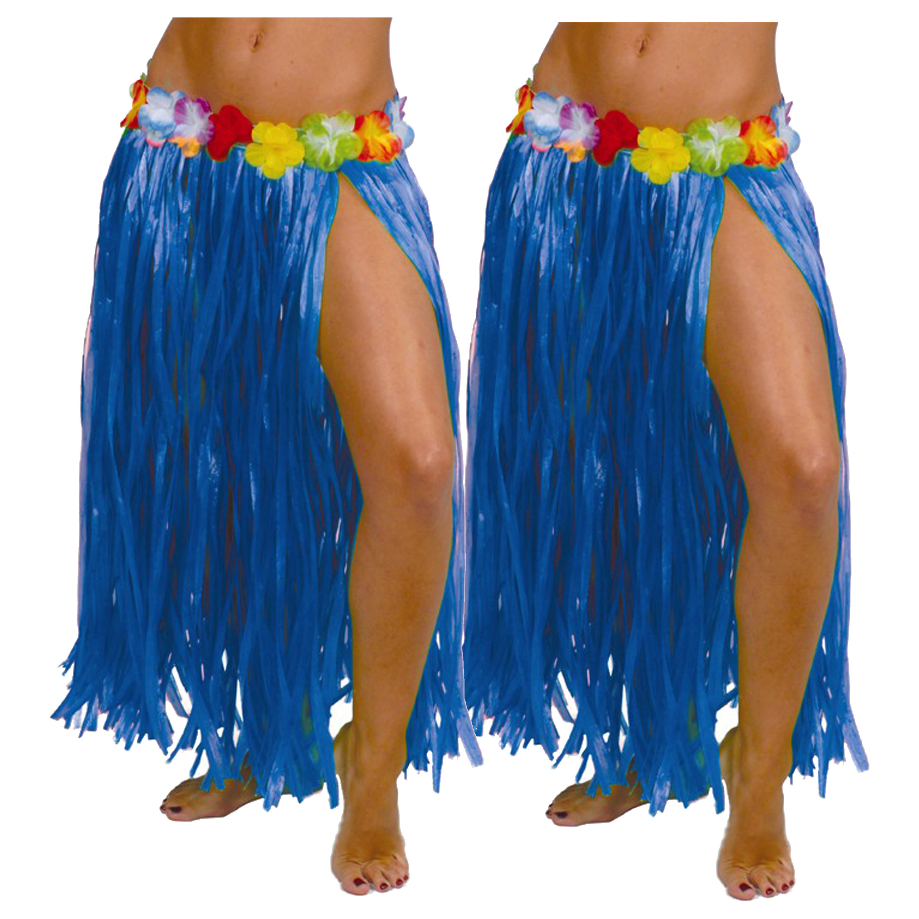Hawaii verkleed rokje - 2x - voor volwassenen - blauw - 75 cm - rieten hoela rokje - tropisch