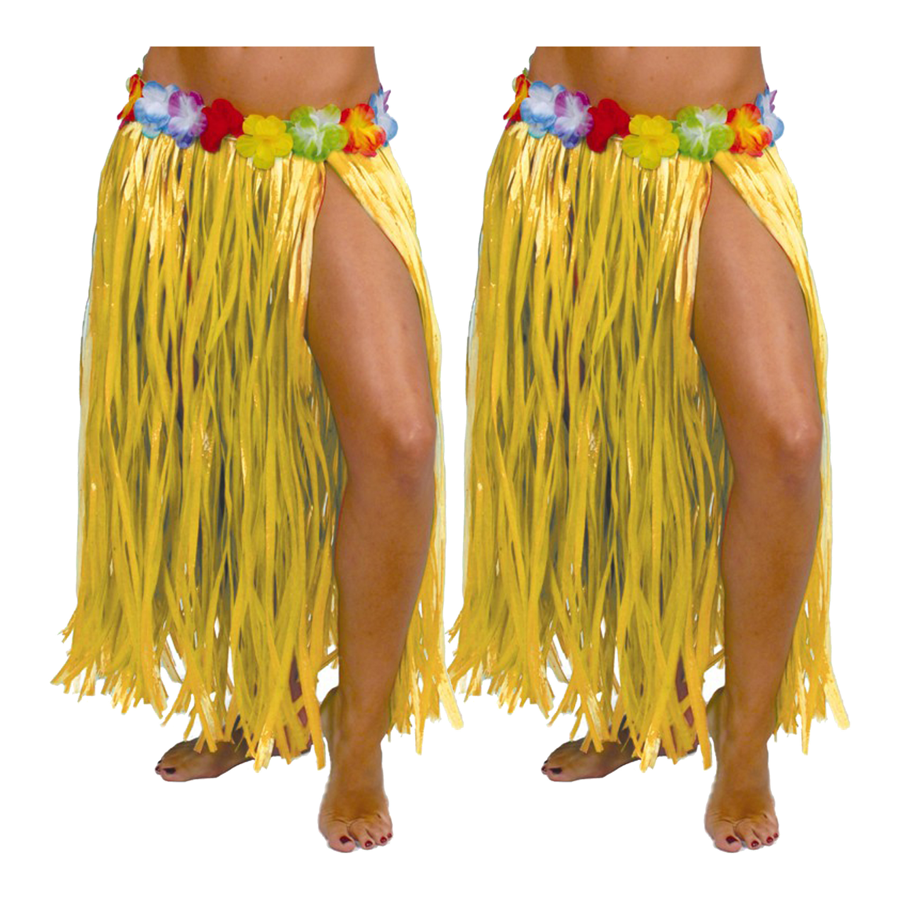 Hawaii verkleed rokje - 2x - voor volwassenen - geel - 75 cm - rieten hoela rokje - tropisch