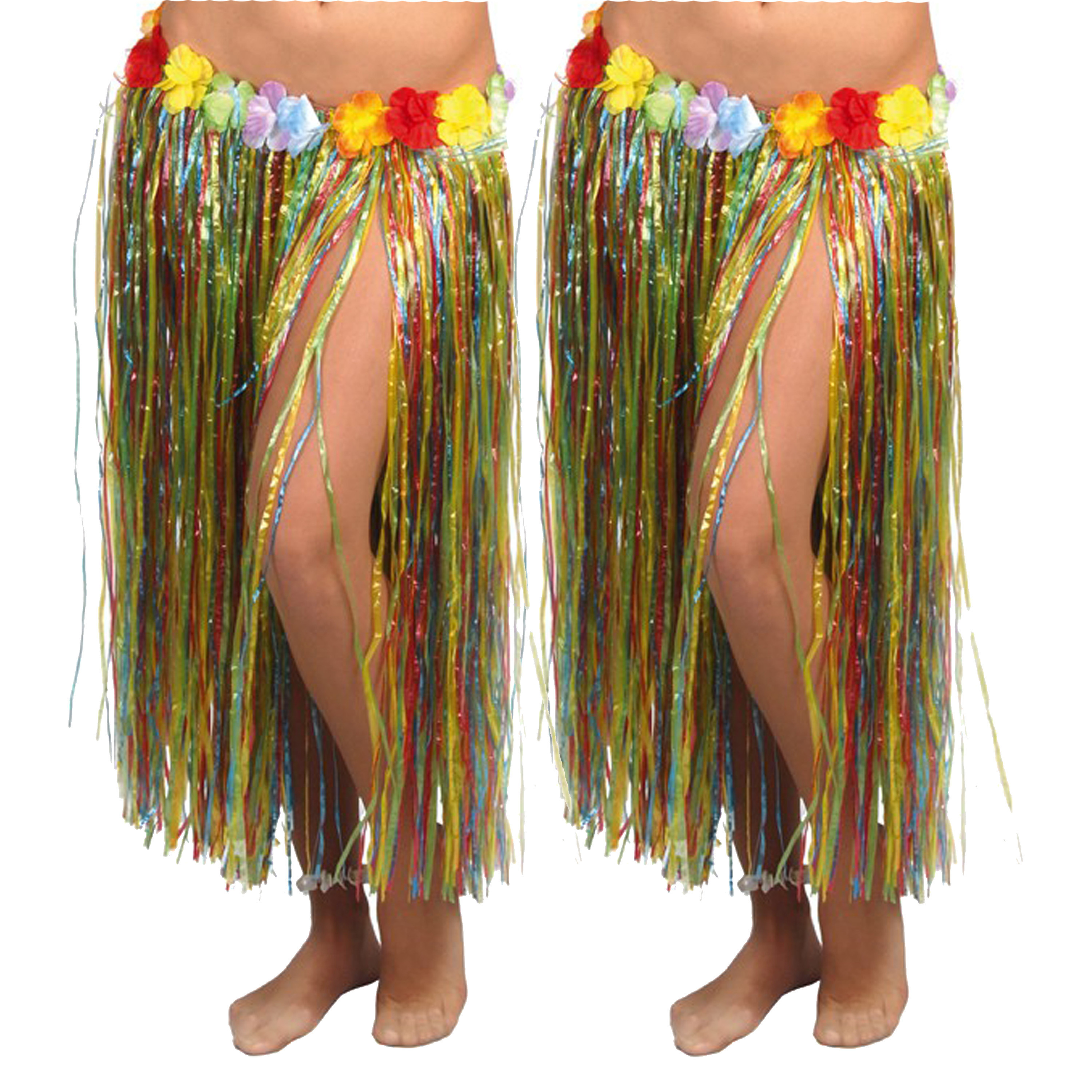Hawaii verkleed rokje - 2x - voor volwassenen - multicolour - 75 cm - rieten hoela rokje - tropisch