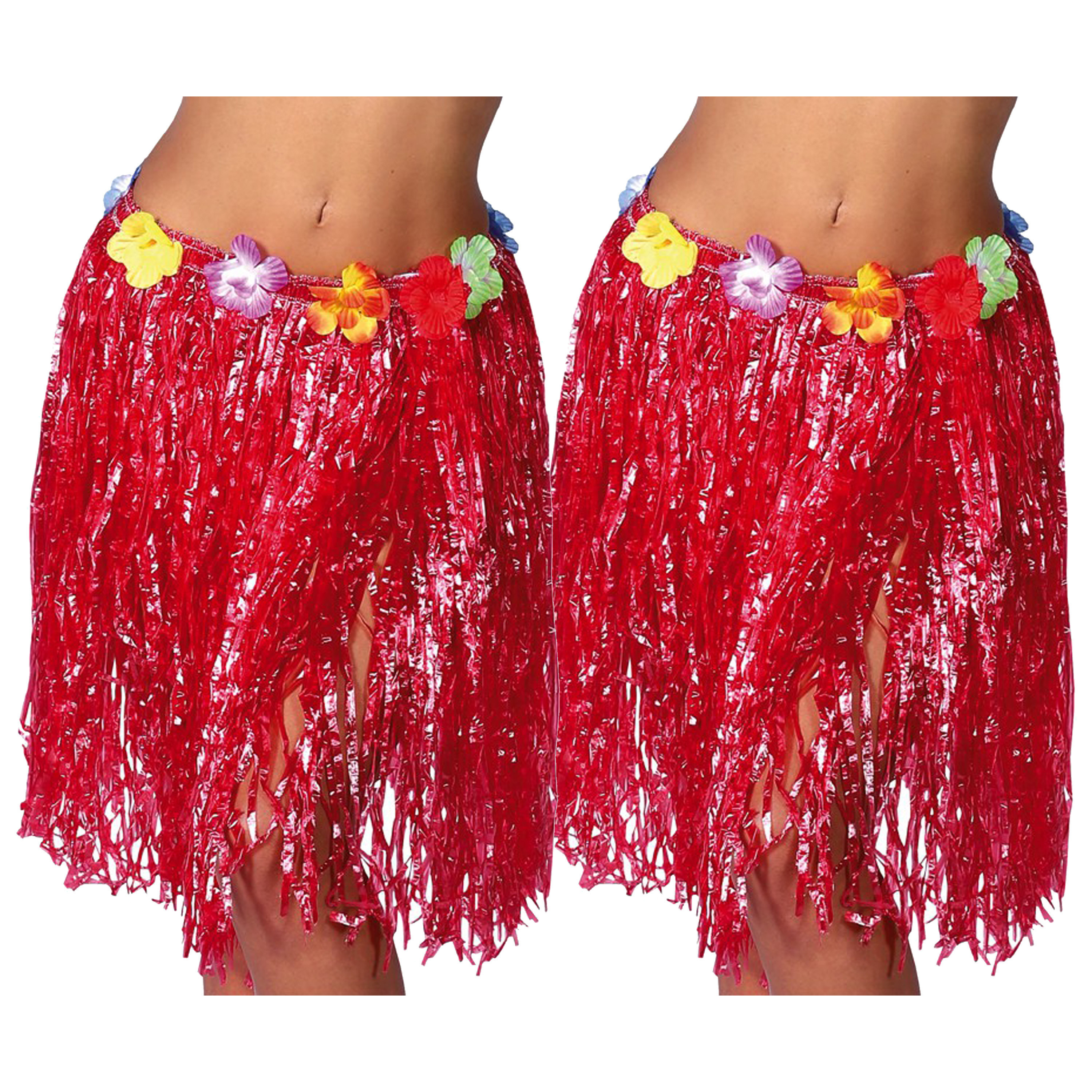 Hawaii verkleed rokje - 2x - voor volwassenen - rood - 50 cm - rieten hoela rokje - tropisch