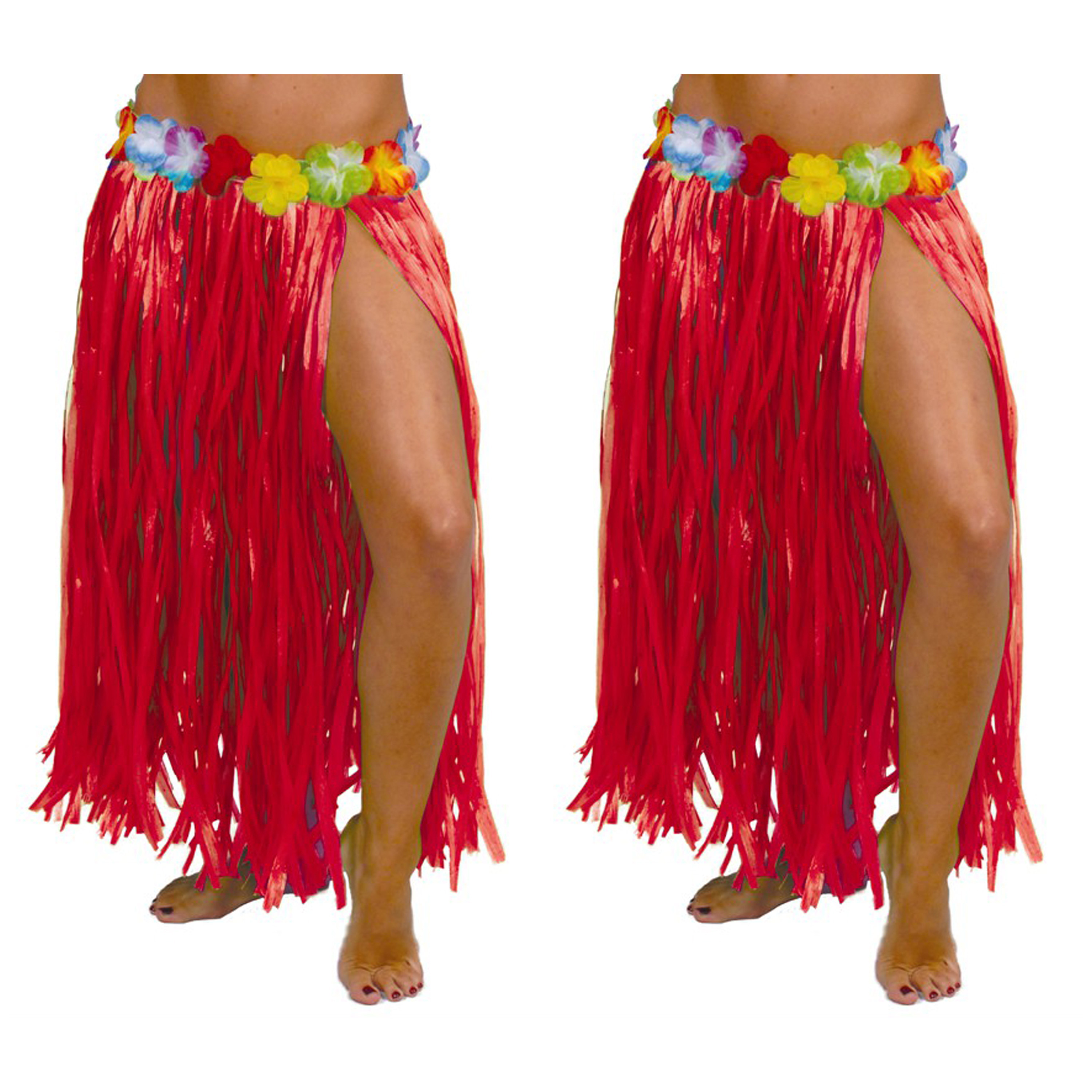 Hawaii verkleed rokje - 2x - voor volwassenen - rood - 75 cm - rieten hoela rokje - tropisch