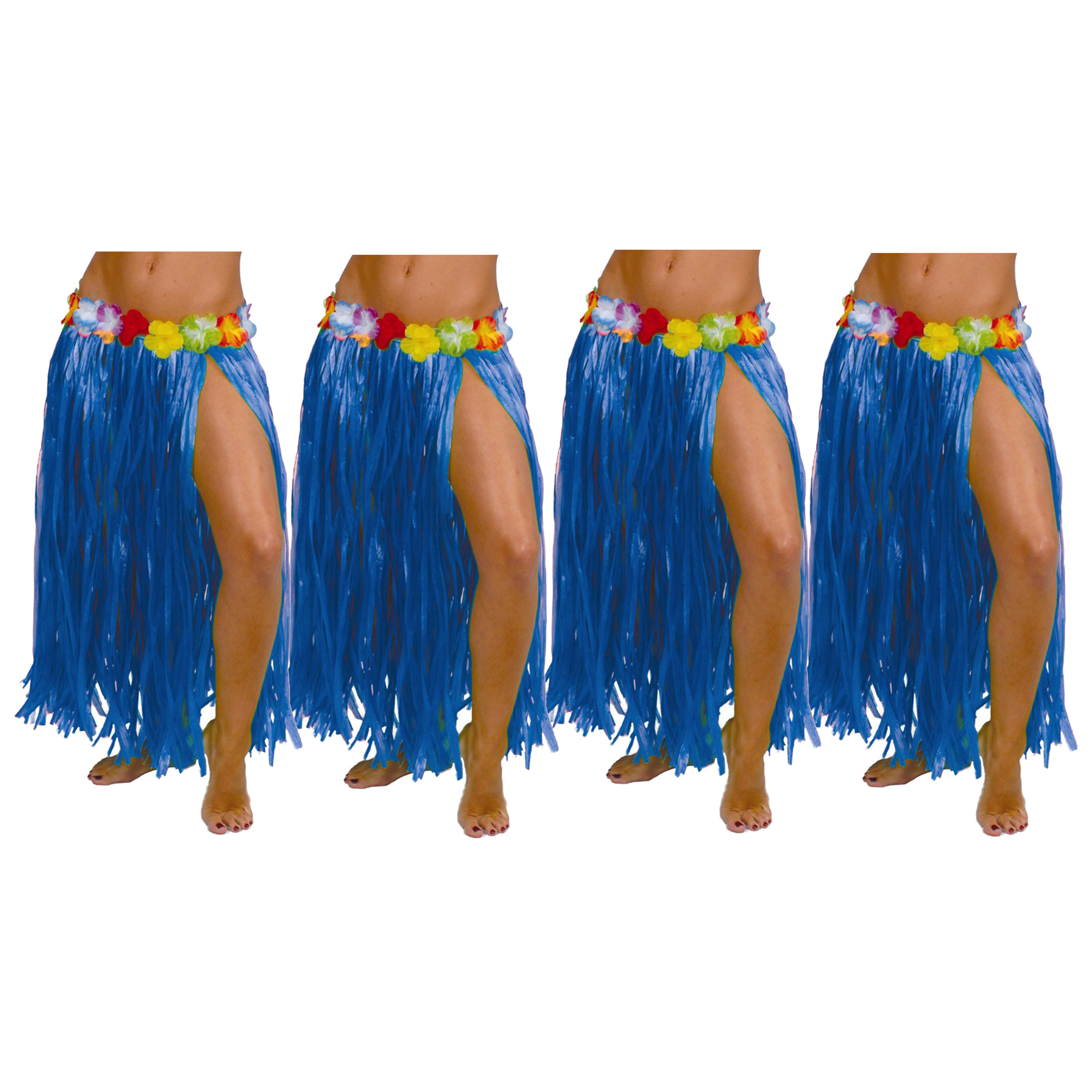 Hawaii verkleed rokje - 4x - voor volwassenen - blauw - 75 cm - rieten hoela rokje - tropisch