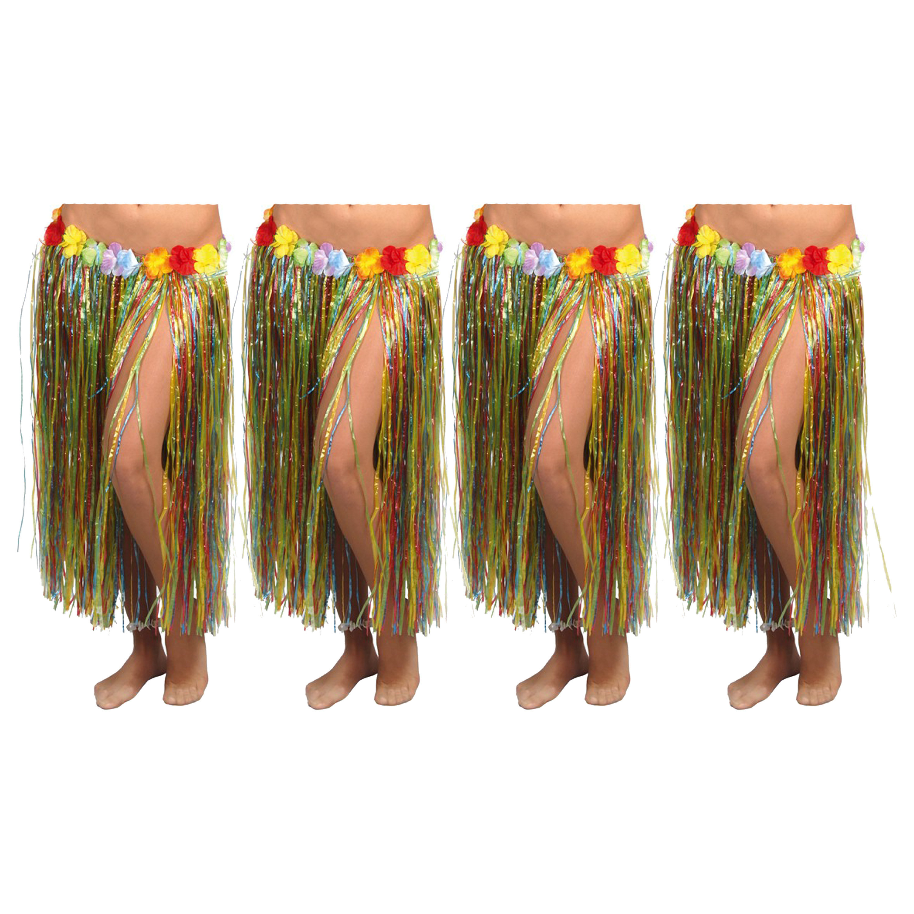 Hawaii verkleed rokje - 4x - voor volwassenen - multicolour - 75 cm - rieten hoela rokje - tropisch