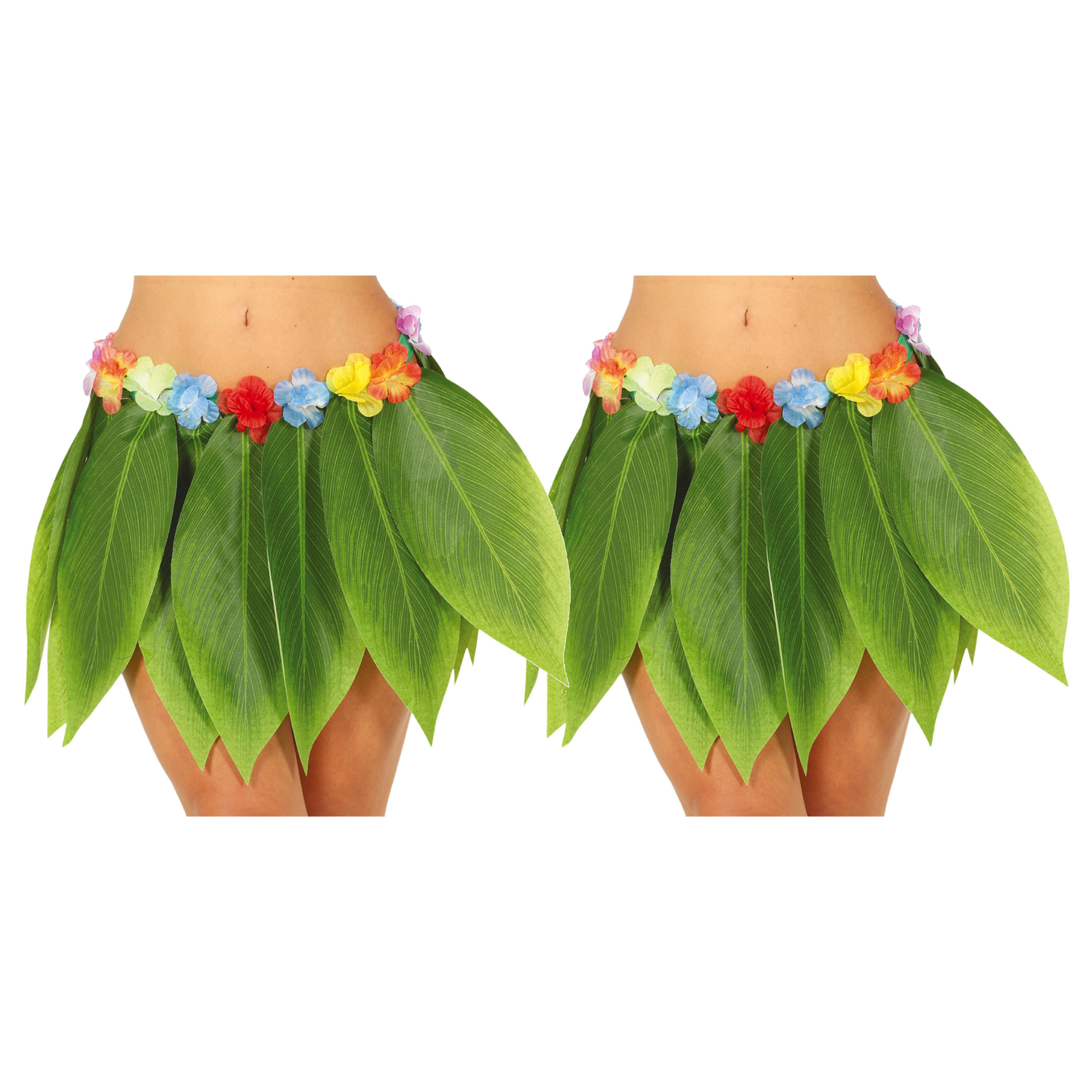 Hawaii verkleed rokje met bladeren - 2x - voor volwassenen - groen - 38 cm - hoela rokje - tropisch