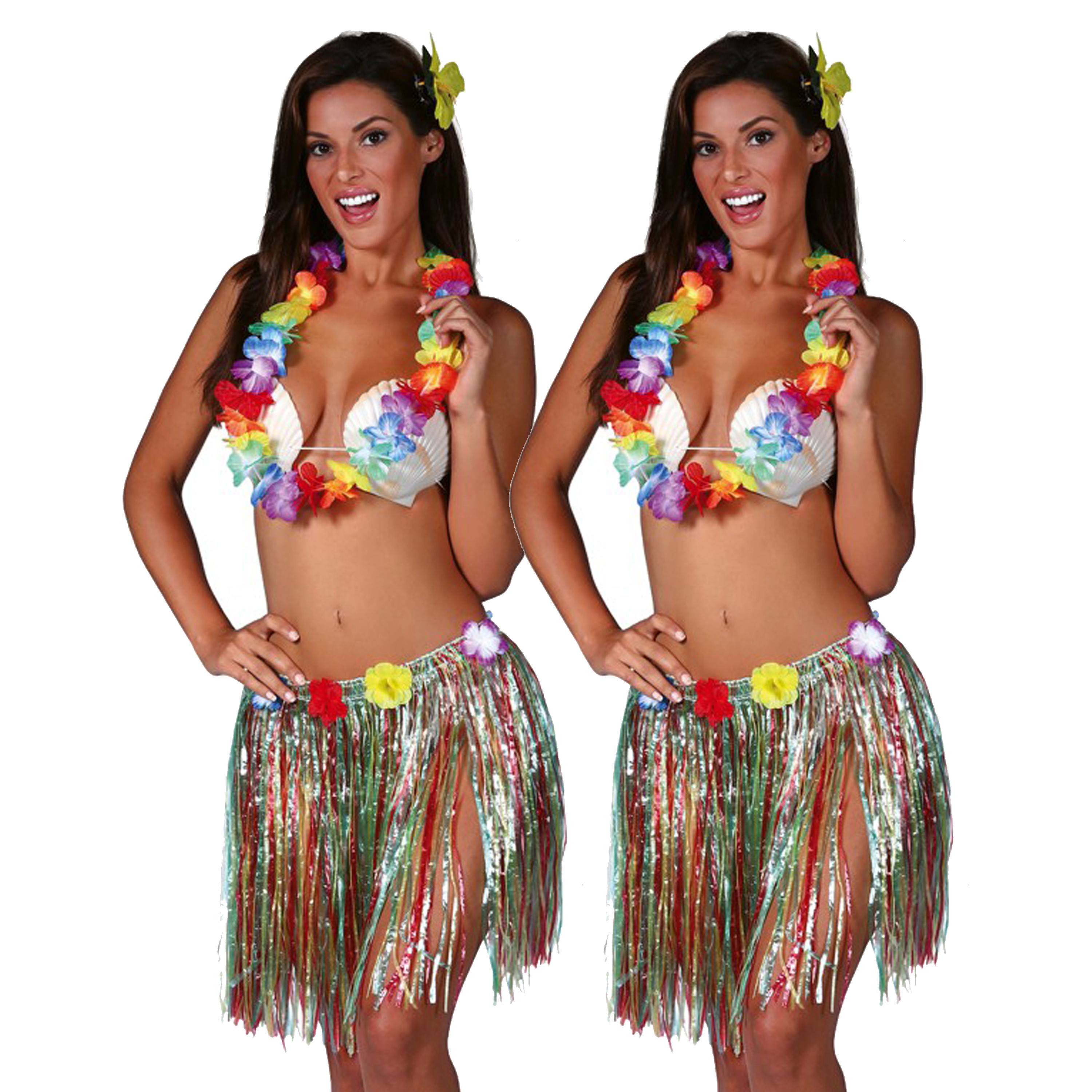 Hawaii verkleed set - 2x - voor volwassenen - multicolour - rieten rokje/bloemenkrans/haarclip bloem
