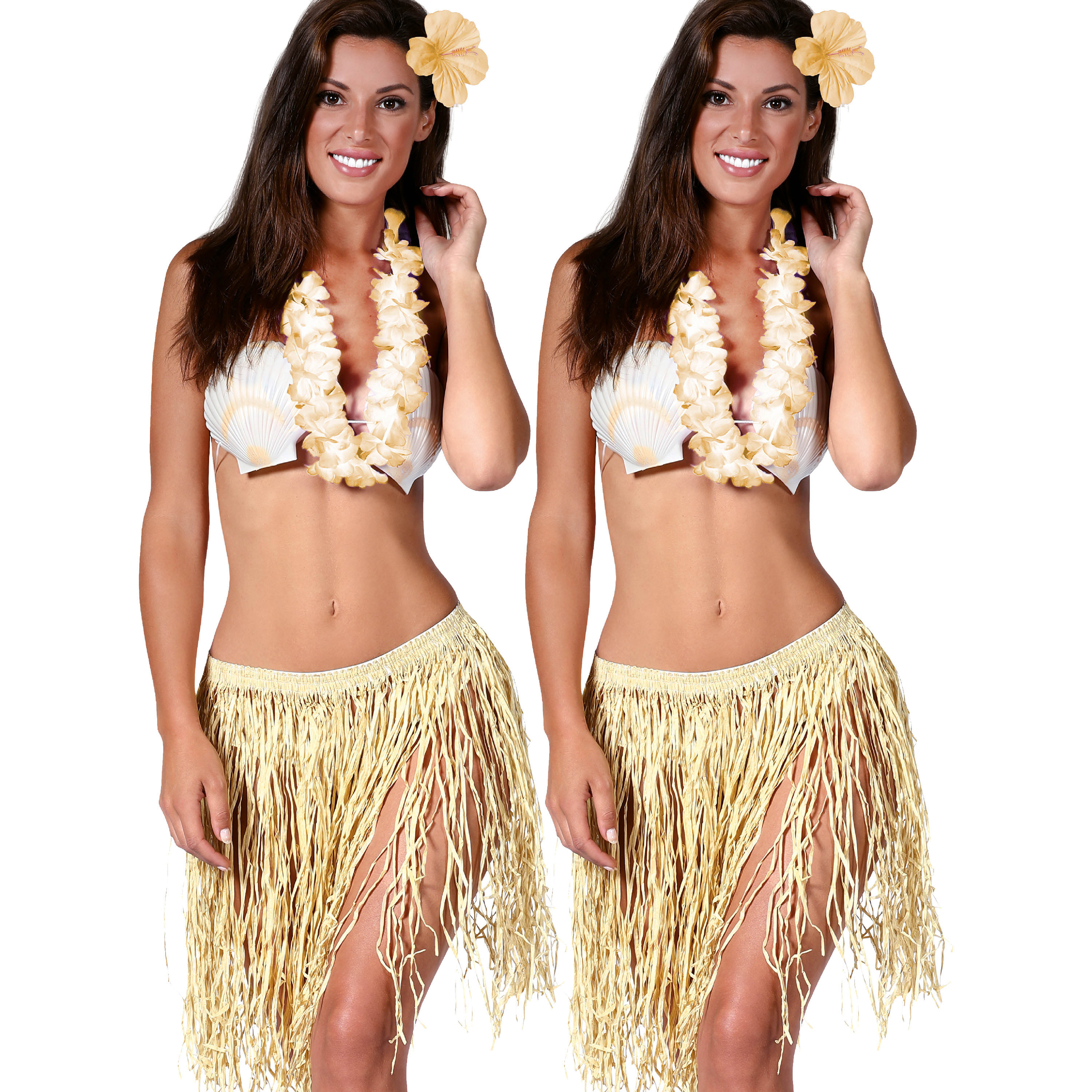 Hawaii verkleed set - 2x - voor volwassenen - naturel - rieten rokje/bloemenkrans/haarclip bloem