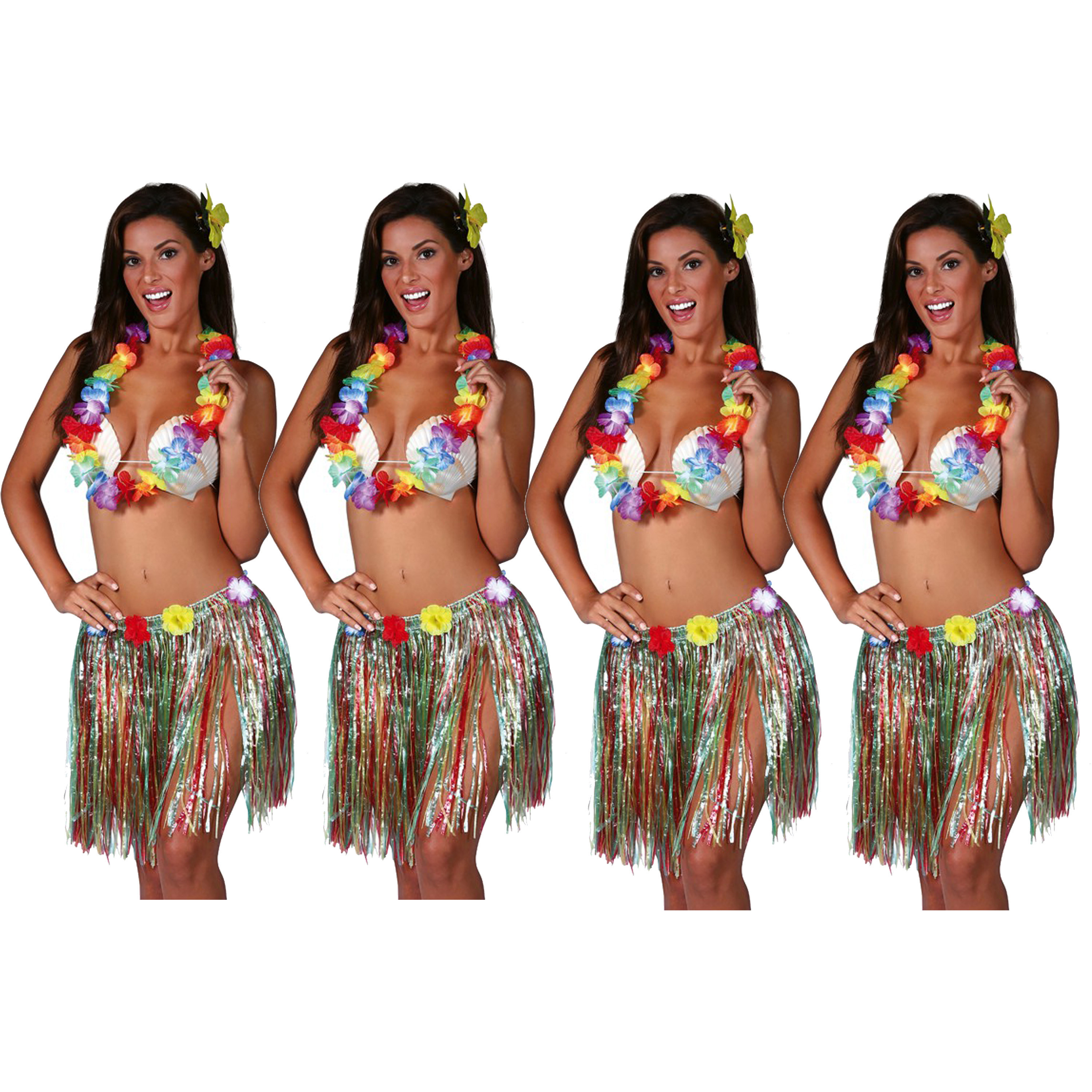 Hawaii verkleed set - 4x - voor volwassenen - multicolour - rieten rokje/bloemenkrans/haarclip bloem