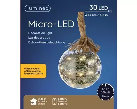 Lumineo Kerstbal Micro LED Touw op batterij| 14cm 30 lampjes