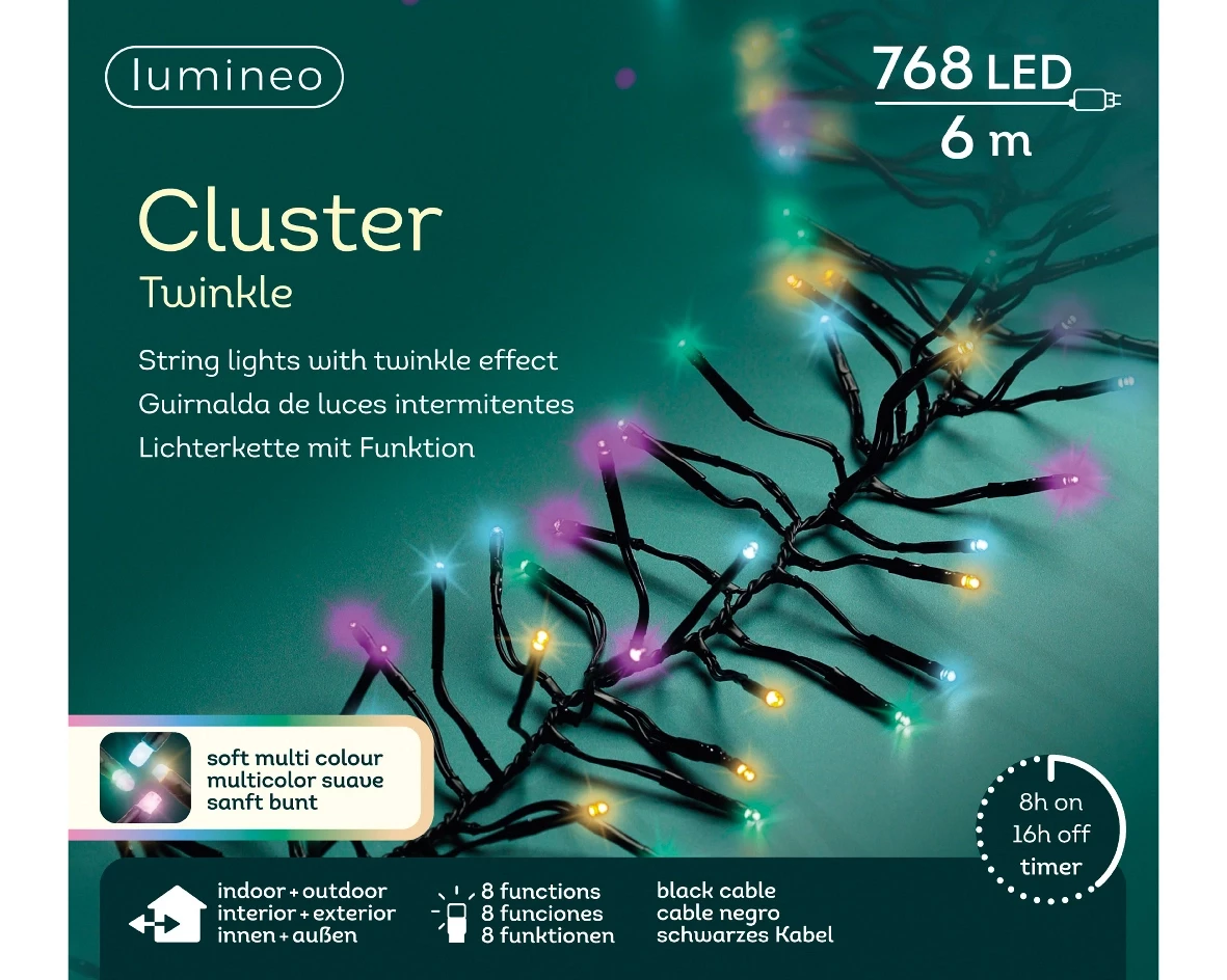 Lumineo Led cluster 600cm zwart/soft multi