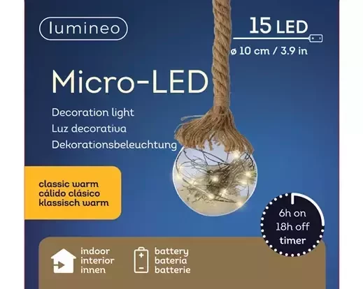 Lumineo Microled Kerstbal touw op batterij | d10cm x 15 lampjes