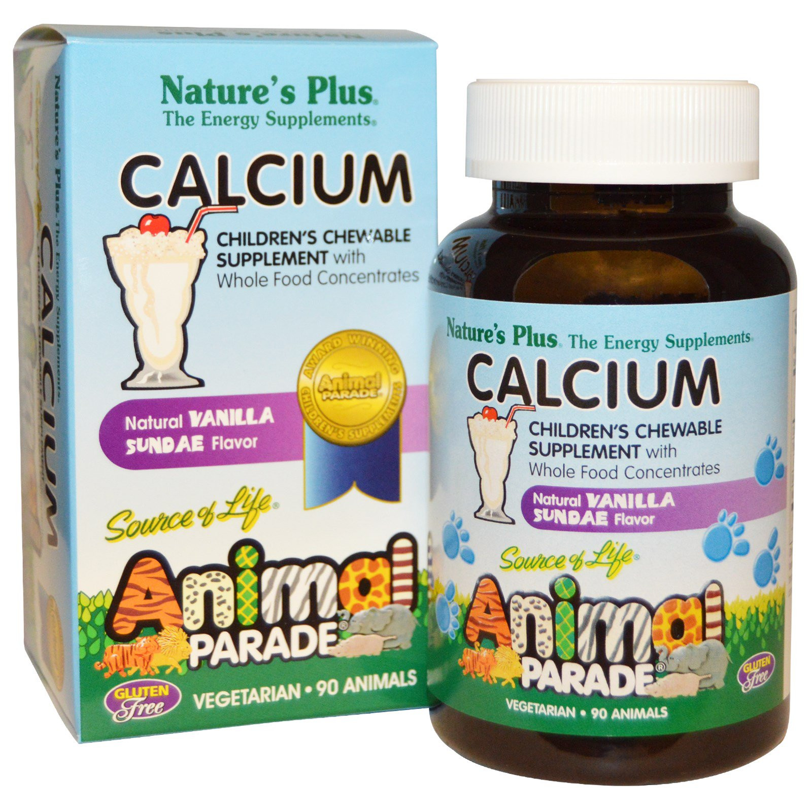 Calcium, Children&apos;s Chewable Supplement, Natural Vanilla Sundae Flavor (90 Animals) - Nature&apos;s Plus