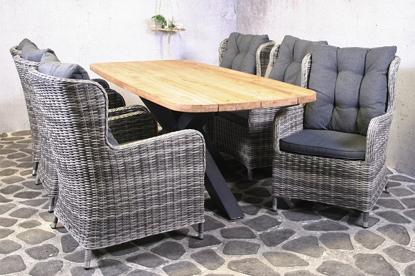 Tuinset Puerto - 6 wicker stoelen met teakhouten tafel