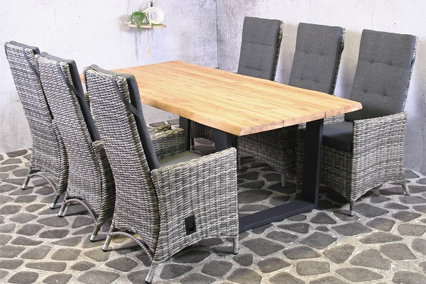 Tuinset Ferro - 6 wicker stoelen met teakhouten tafel