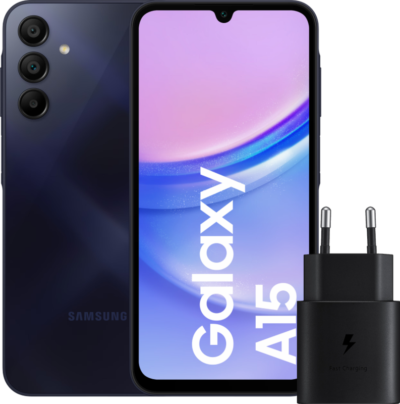 Samsung Galaxy A15 128GB Donkerblauw 4G + Samsung Oplader 25 Watt Zwart