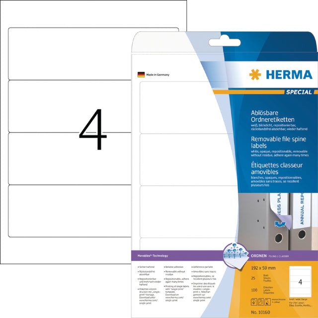 Rugetiket HERMA 101600 breed 59x192mm verwijderbaar wit | Blister a 25 vel | 32 stuks