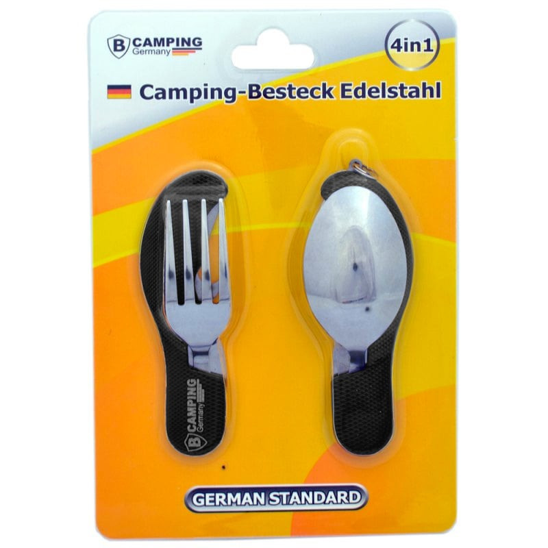 4-in-1 Inklapbaar Camping Bestek - Vork / Lepel / Mes / Flesopener - Roestvrij staal - Survival Bestek Zwart