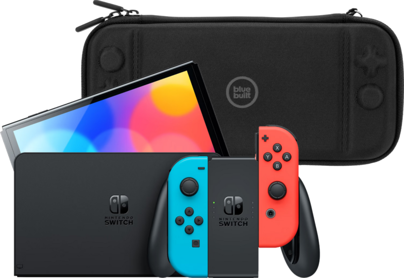 Nintendo Switch OLED Blauw/Rood + BlueBuilt Beschermhoes