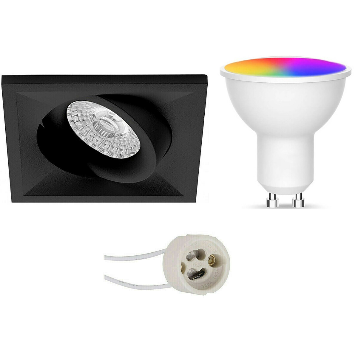 LED Spot Set GU10 - Facto - Smart LED - Wifi LED - Slimme LED - 5W - RGB+CCT - Aanpasbare Kleur - Dimbaar - Pragmi Qiundo Pro - Inbouw Vierkant - Mat Zwart - Kantelbaar - 80mm