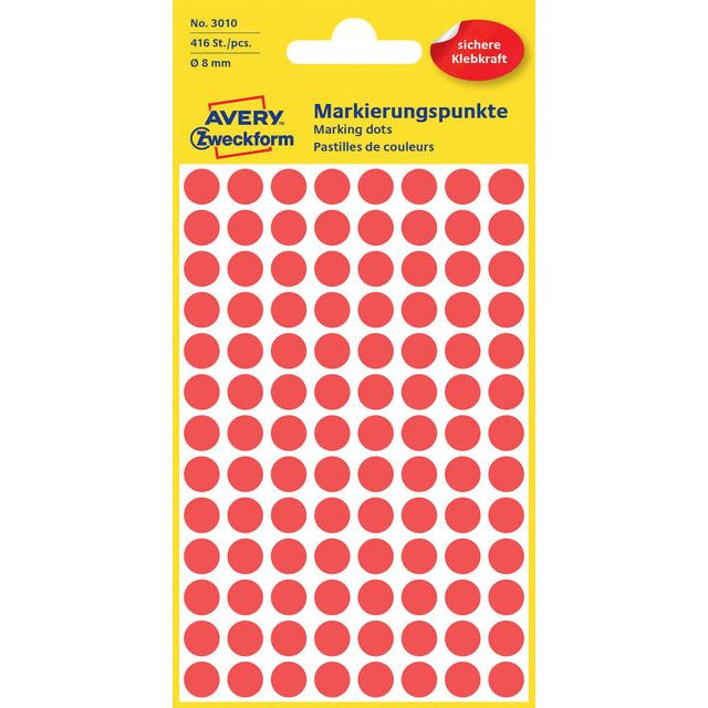 Etiket Avery Zweckform 3010 rond 8mm rood 416stuks | Pak a 4 vel