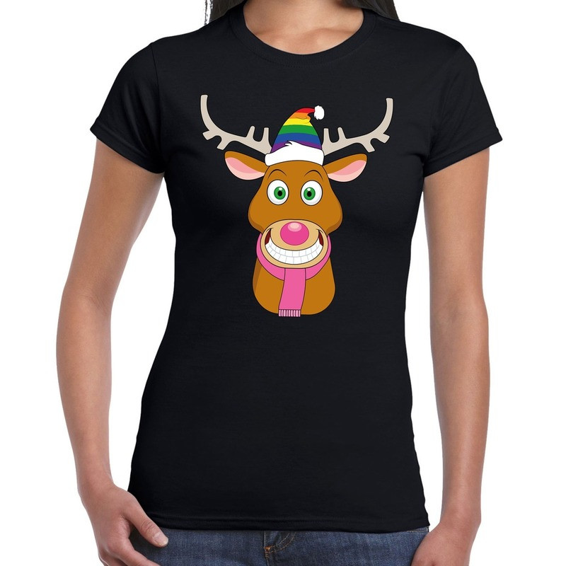 Foute Kerst t-shirt Gay Rudolf het rendier zwart dames