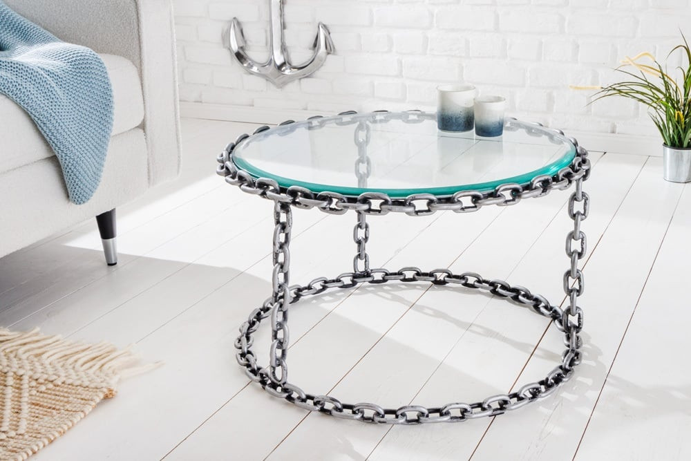 Design salontafel CHAINS 65cm zilver handgemaakt metalen rond glazen blad kettingframe - 42235