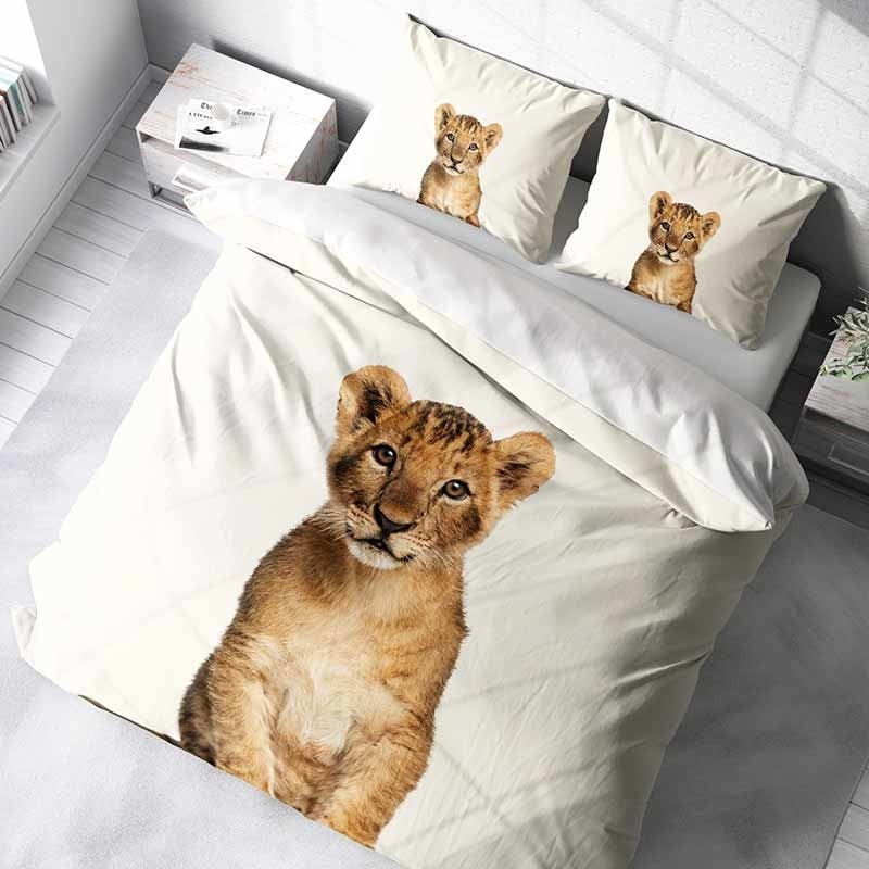 Dekbedovertrek Lion - Tweepersoons (200x200 cm) - Wit & Bruin Polyester-katoen - Dessin: Dieren - DLC - Dekbed-Discounter.nl