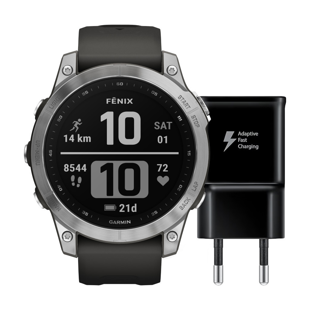 Garmin Fenix 7 Zilver 47mm + Samsung Adaptive Fast Charging Oplader met Usb A Poort 15W