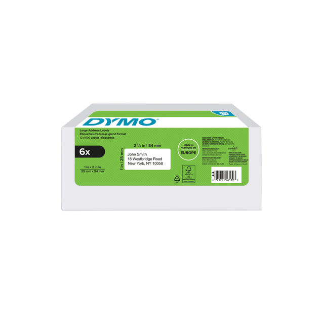 Etiket Dymo 2177564 labelwriter 25mmx54mm adres wit 6x1000stuks