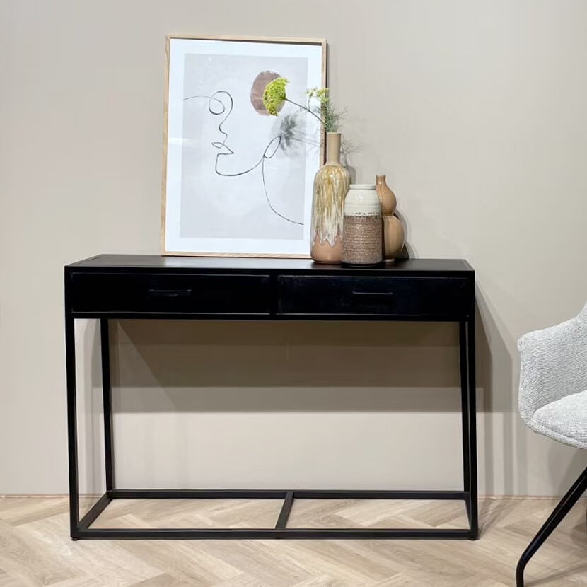 Livingfurn Sidetable Kala Mangohout en staal, 120cm - Zwart