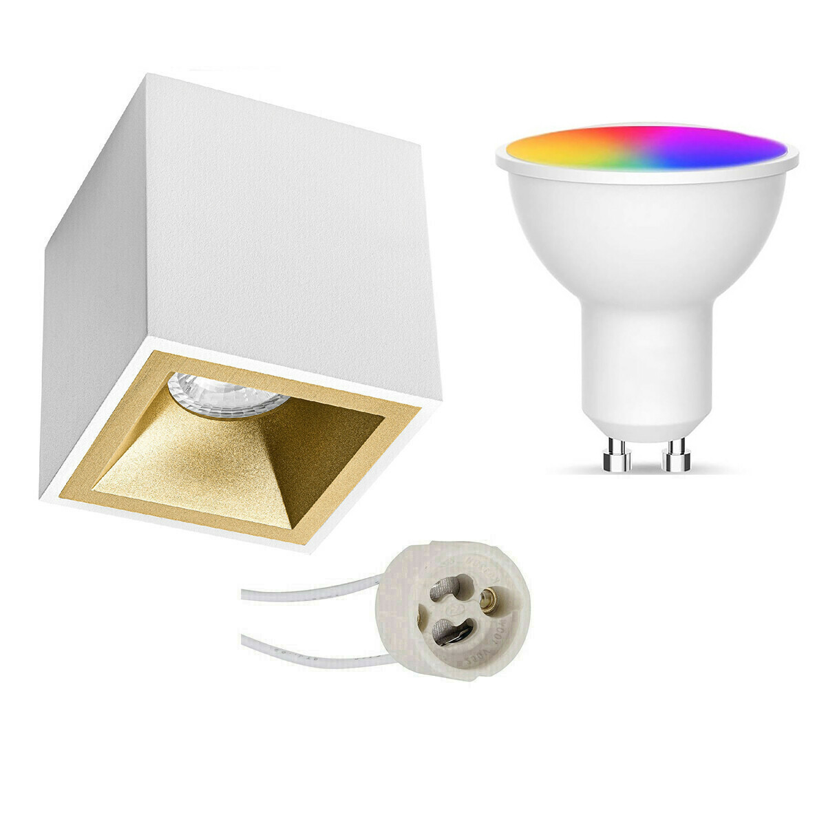 Opbouwspot Set GU10 - Facto - Smart LED - Wifi LED - Slimme LED - 5W - RGB+CCT - Aanpasbare Kleur - Dimbaar - Pragmi Cliron Pro - Opbouw Vierkant - Mat Wit/Goud - Verdiept - 90mm