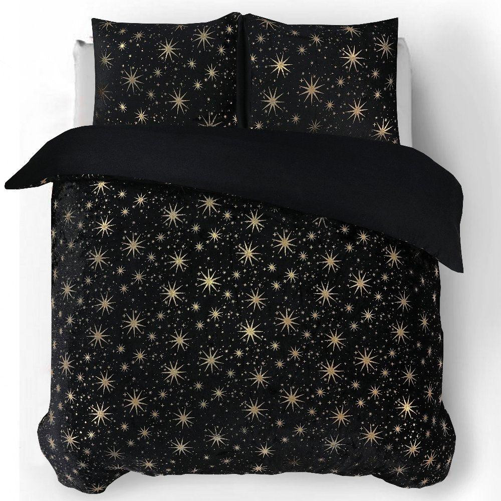 RoyalTextile - Glamour Stars Foil Dekbedovertrek Flanel - Zwart - 200 x 220