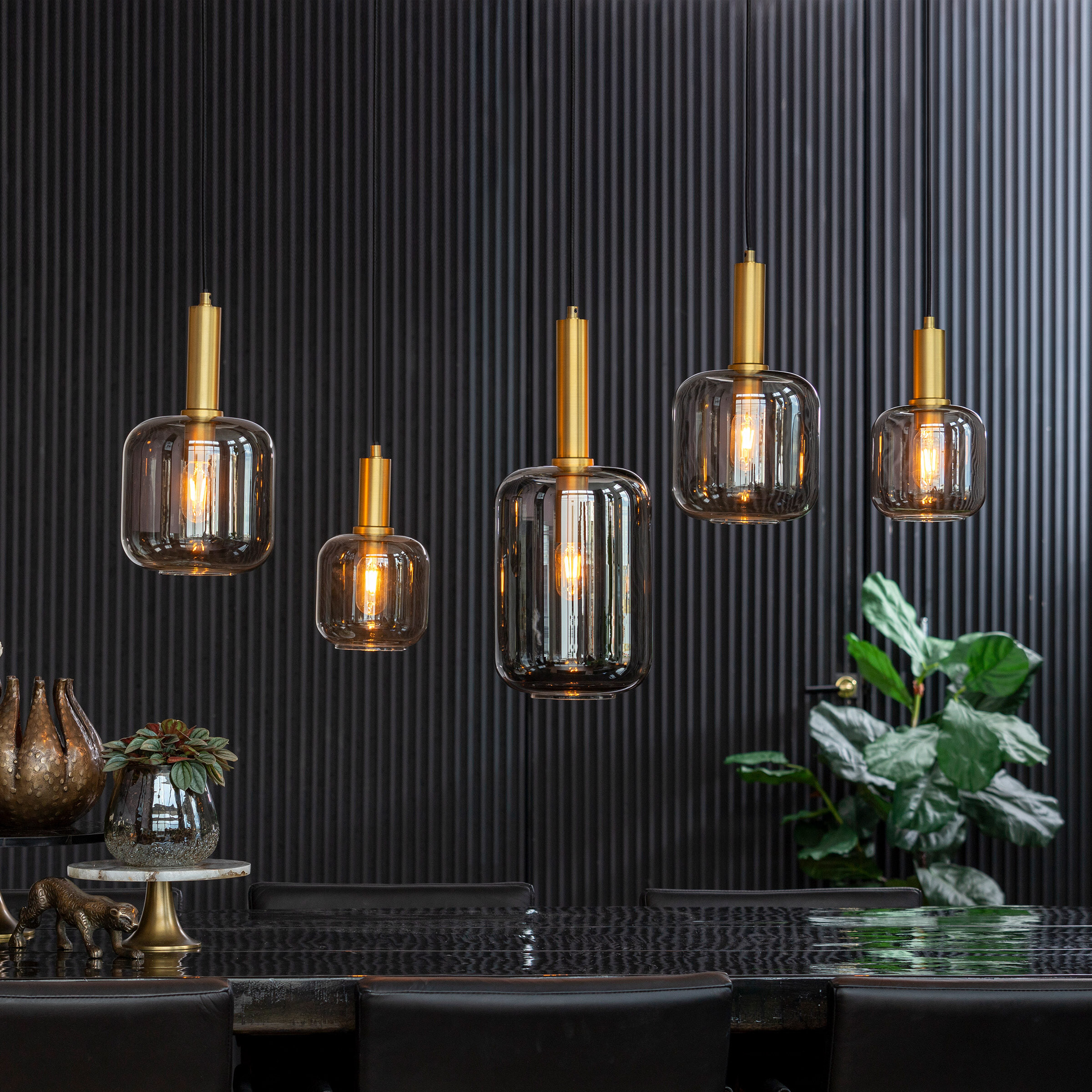 Light & Living Hanglamp 'Lekar' 5-Lamps, Antiek Brons/Smoke