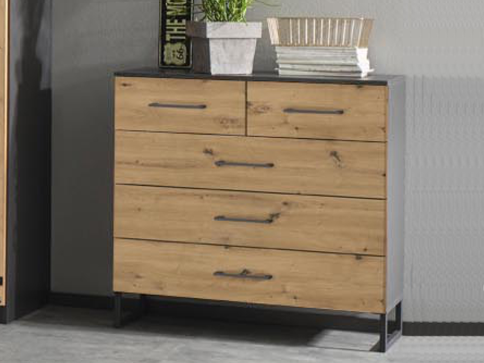 Commode BUTTO 5 lades artisan eik/metaalgrijs