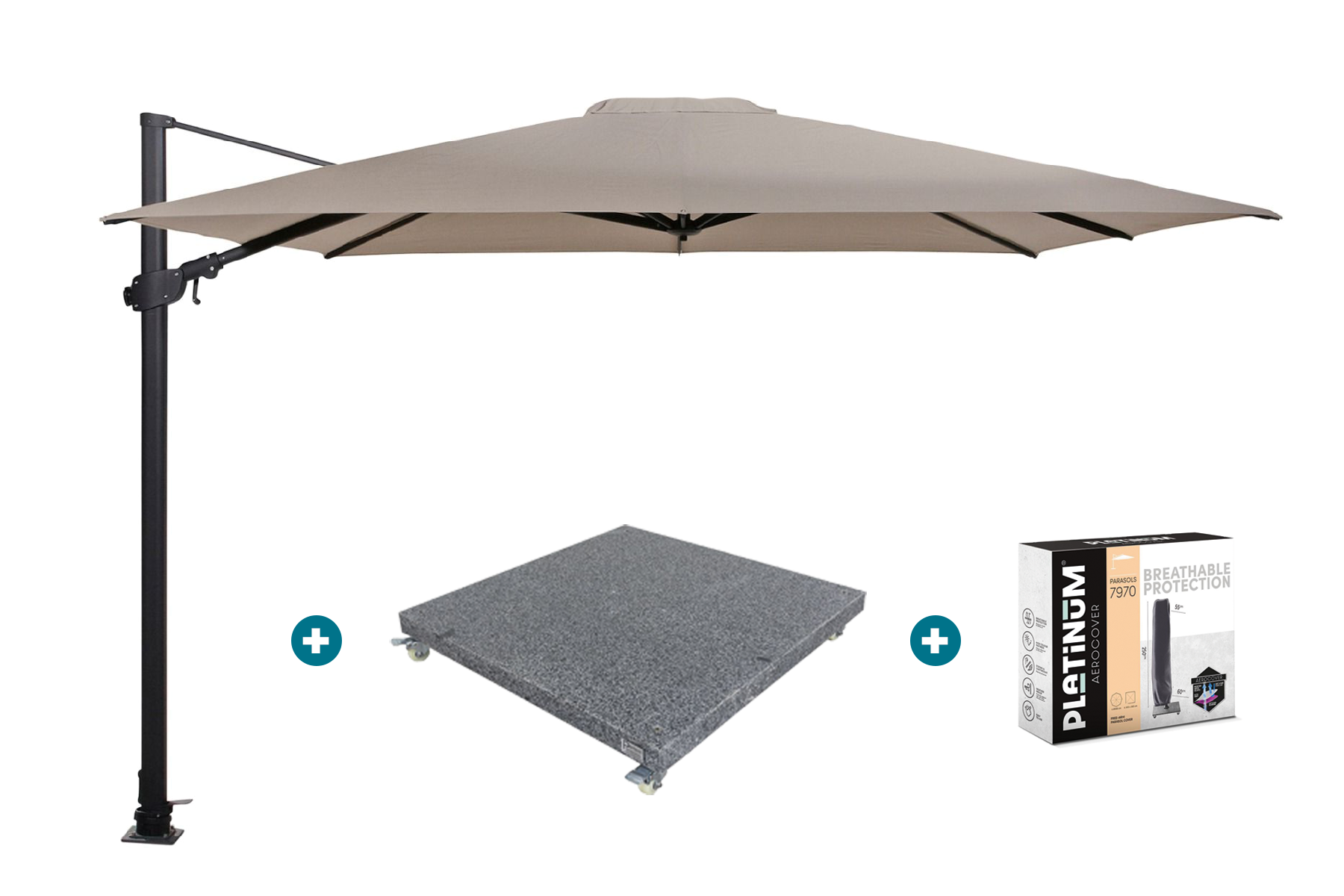 4-Seasons zweefparasol Siesta Premium 300 x 300 - Taupe met voet en hoes