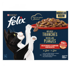 Felix Heerlijke Plakjes Farm Selectie met rund, kip, eend, kalkoen in gelei natvoer kat (12x80 g) 4 x (48 x 80 g)