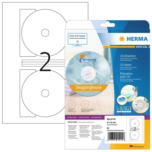 Etiket HERMA 5115 CD 116mm wit 50stuks