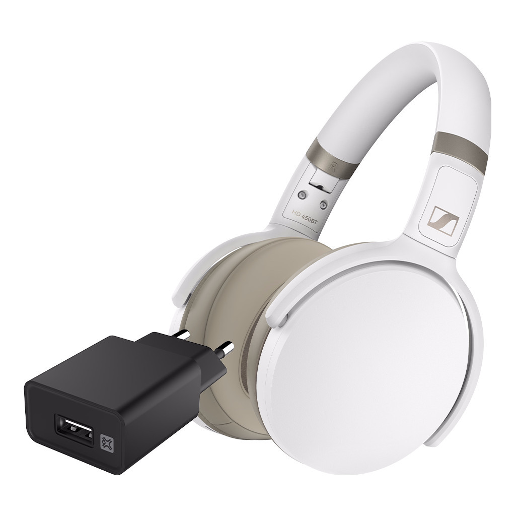 Sennheiser HD450BT Wit + XtremeMac Oplader met Usb A Poort 12W