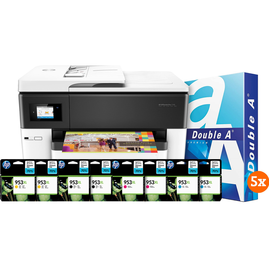 HP Officejet 7740 + 2 set extra inkt + 2500 vellen A4 papier