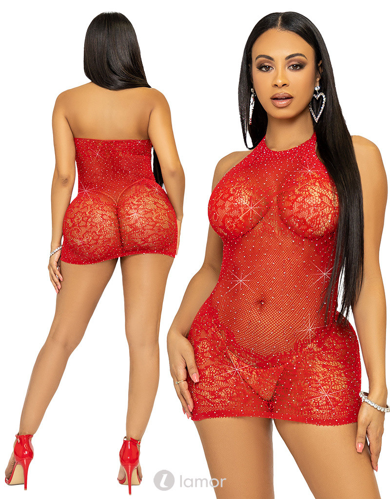 Rood halter mini-jurk bedekt met strass., LAV86134