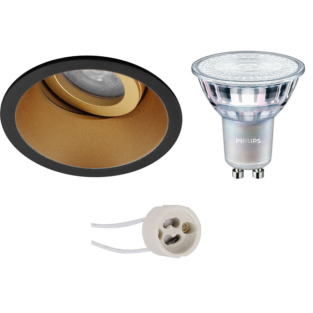 LED Spot Set - Pragmi Zano Pro - GU10 Fitting - Inbouw Rond - Mat Zwart/Goud - Kantelbaar - Ø93mm - Philips - MASTER 927 36D VLE - 3.7W - Warm Wit 2200K-2700K - DimTone Dimbaar